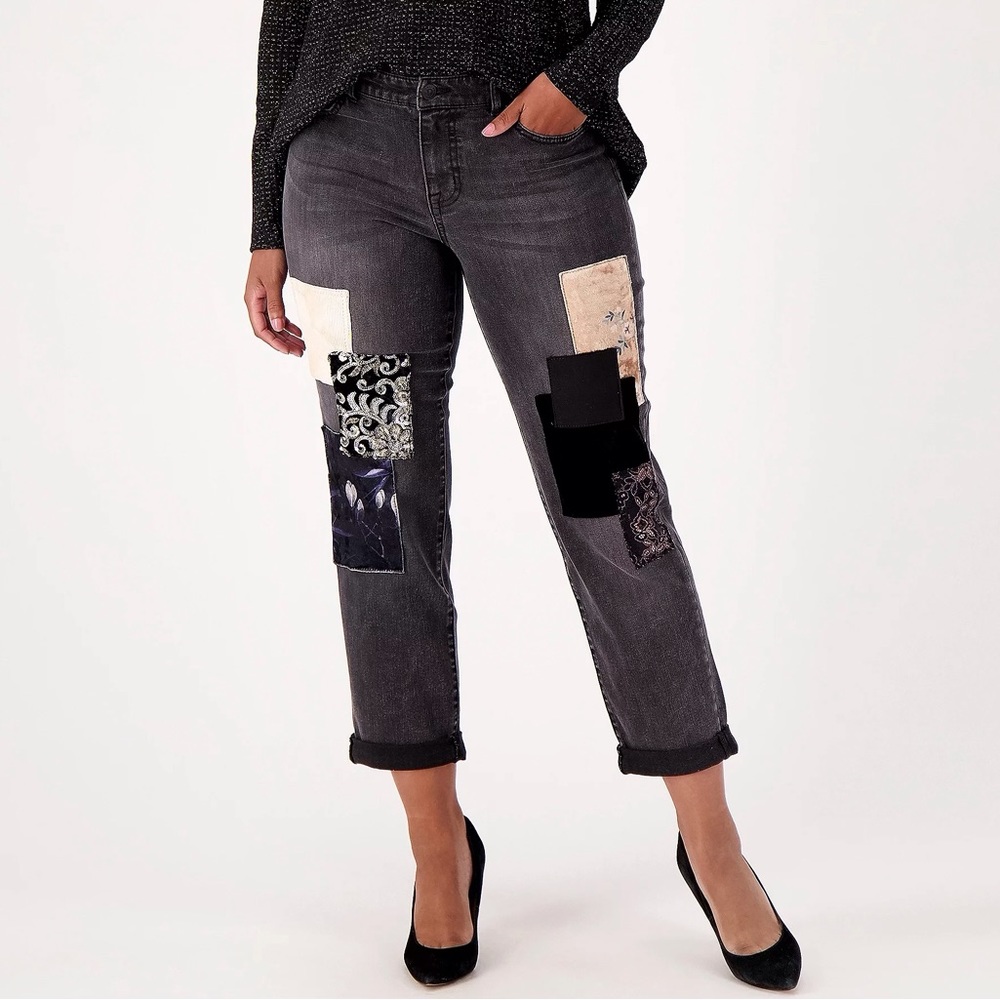 LOGO by Lori Goldstein Limited Edition Velvet Patchwork Jeans Washed Black 6P